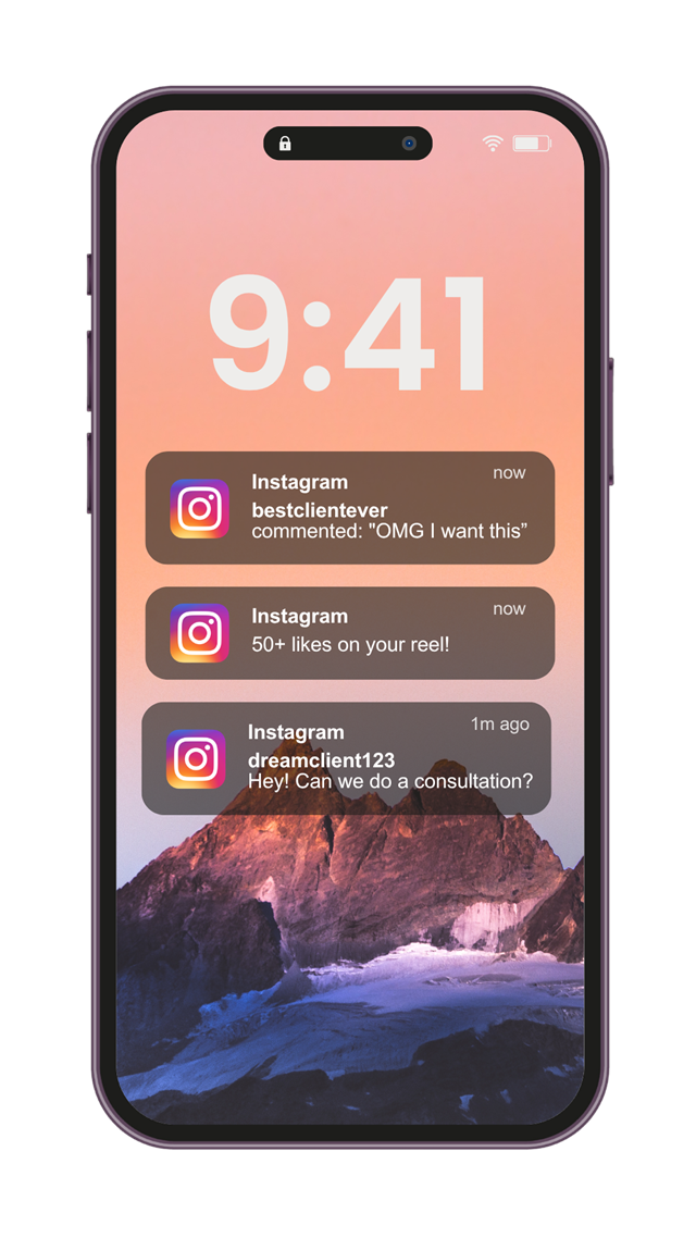 An iPhone lock screen filling with Instagram notifications: a comment reading OMG I want this, fifty-plus likes on a reel, and a new client asking about a consultation.